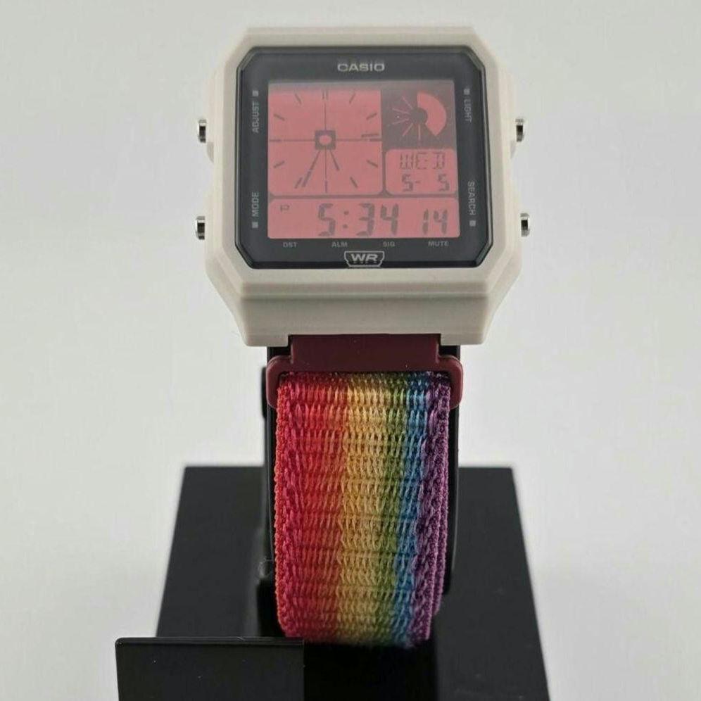 Casio LF20W-8A Modified | POP Rainbow | With Red Tint | Rainbow Nylon Loop Strap | Retro Style Watch Gift