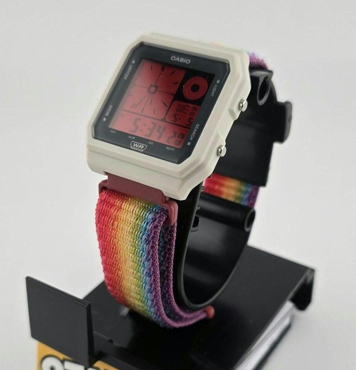 Casio LF20W-8A Modified | POP Rainbow | With Red Tint | Rainbow Nylon Loop Strap | Retro Style Watch Gift