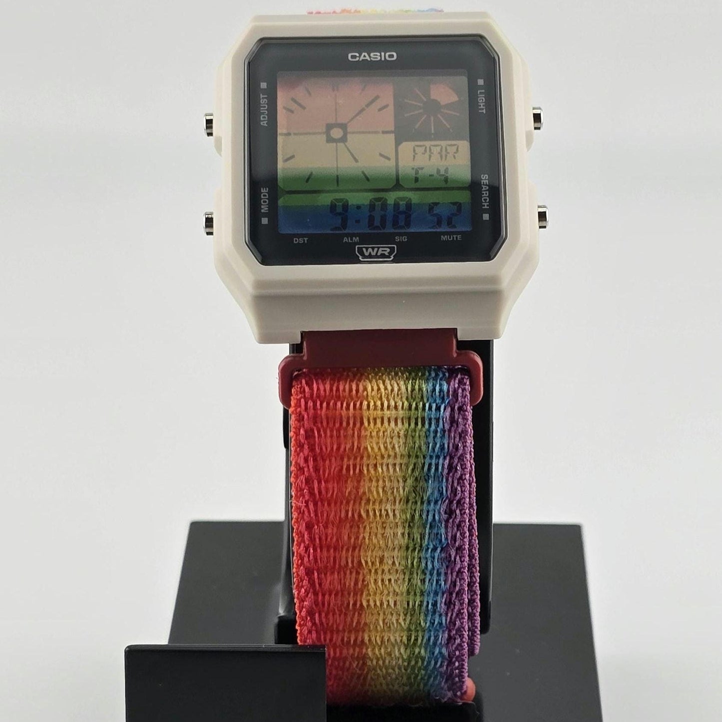 Casio LF20W-8A Modified | POP Rainbow Stripes | Rainbow Nylon Loop Strap | Retro Style Watch Gift