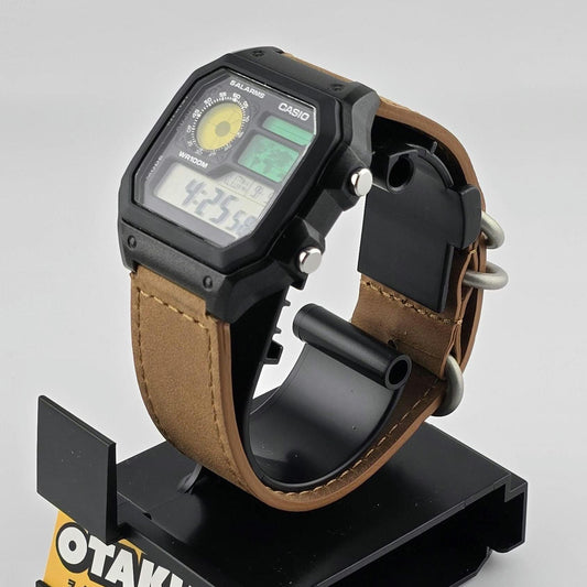 Casio AE-1200 Modified (Black). Color Filtered LCD Watch on Brown Leather Strap